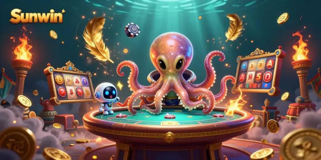 Experience thrilling gambling action with Sunwin's vibrant casino illustration featuring colorful characters and dynamic gameplay.
