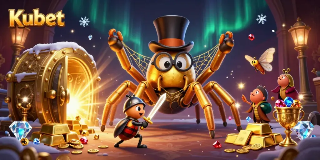 Engage with thrilling Kubet games in a vibrant 3D illustration featuring a golden tarantula and beetle knight.