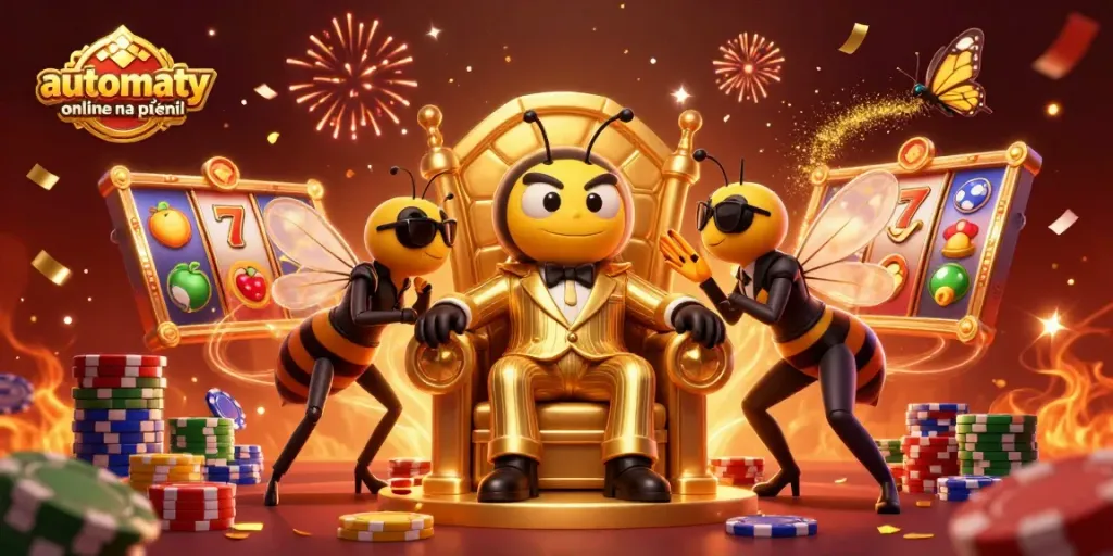 Exciting 3D illustration of automaty online na pieniądze showcasing a bumblebee mob boss with slot reels spinning and vibrant casino elements.