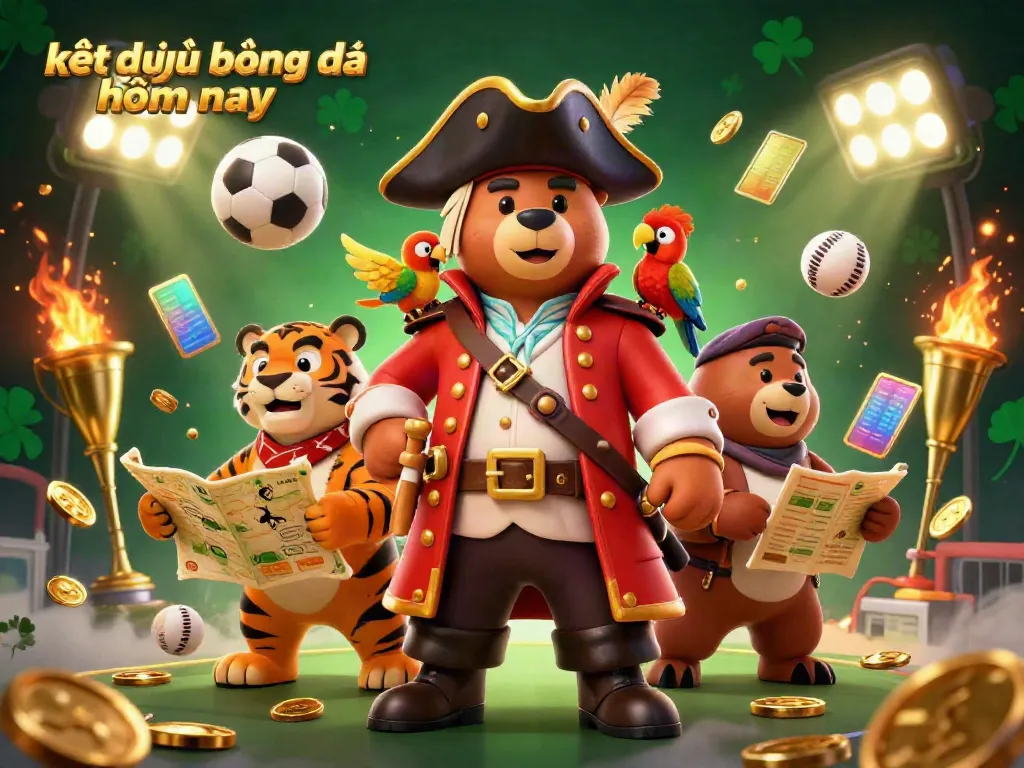 Engage with kết quả bóng đá hôm nay in this vibrant scene featuring a pirate bear, a tiger, and dynamic sports elements.