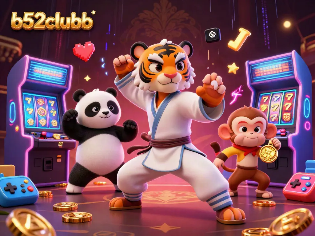 Engage with b52clubb in a vibrant casino scene as a kung fu tiger demonstrates mastery amid dynamic gaming elements.