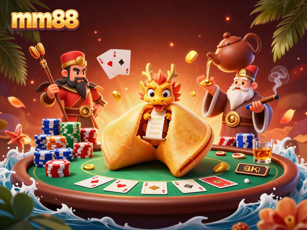 Engage with mm88's vibrant poker scene showcasing fortune cookies, dragons, and dynamic casino elements.