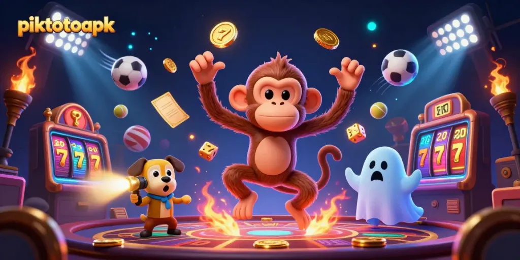 Experience the thrilling gaming world of piktotoapk with a playful poltergeist monkey and ghost-hunter puppy.