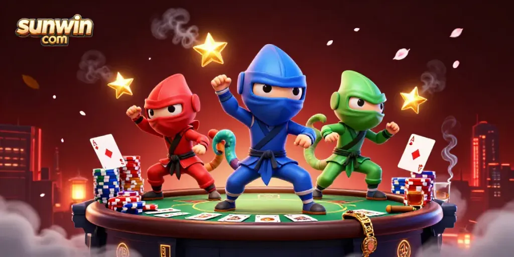 Experience the excitement of sunwin com with a vibrant illustration of ninja chameleons amidst poker elements.