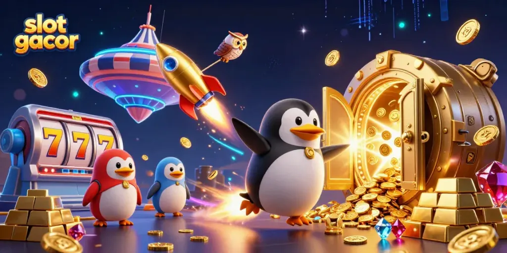 Gambar slot gacor dengan penguin emas terbang ke arah stasiun kasino, dikelilingi harta berkilauan.