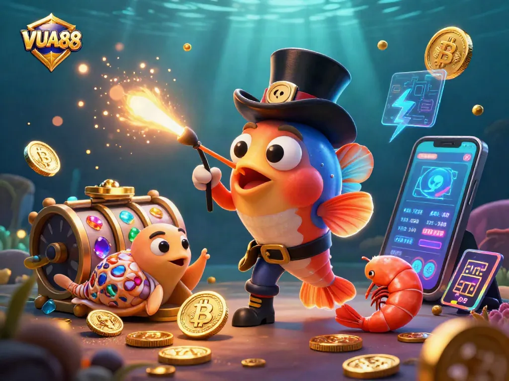Experience thrilling wins with VUA88 in this vibrant 3D casino scene featuring dynamic characters and elements.