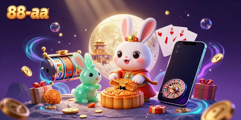 Engaging scene with the 88-aa moon rabbit character revealing poker chips, surrounded by vibrant slot game elements.