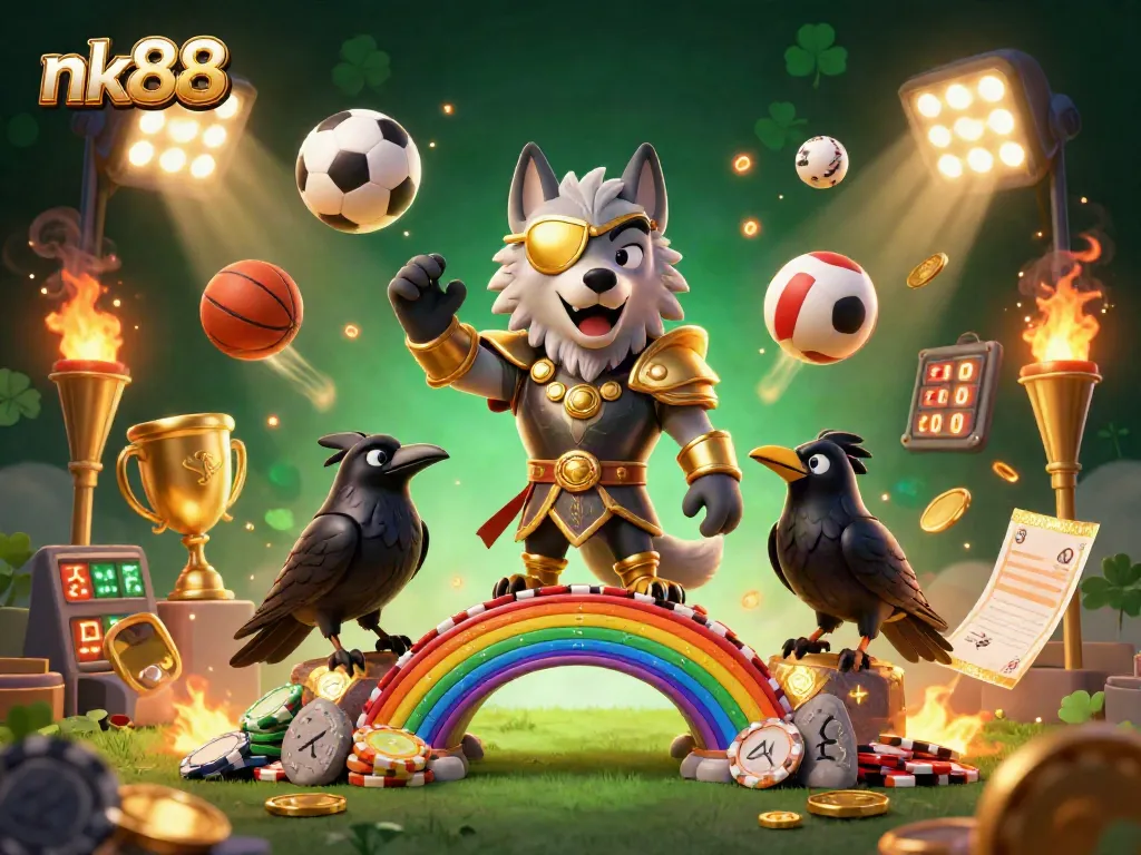 Engage with nk88's thrilling casino atmosphere featuring Odin and ravens amidst dynamic sports betting action.