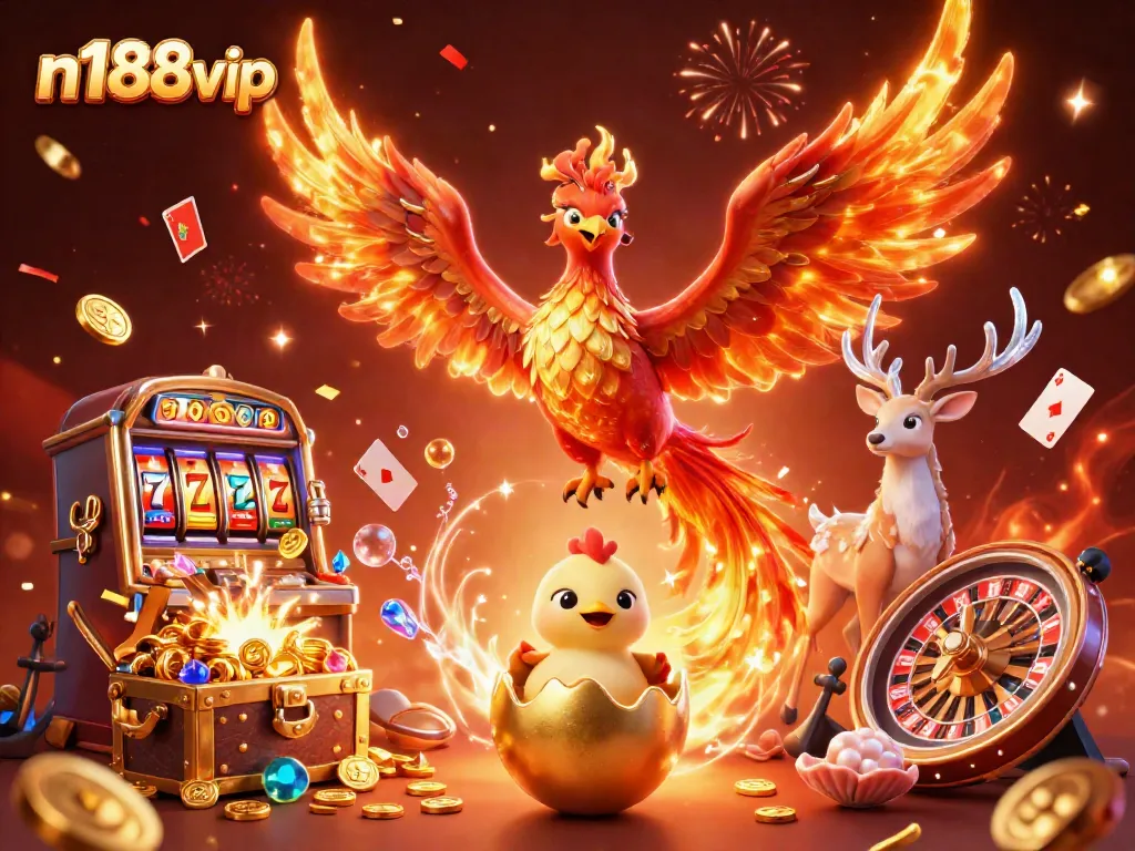 Experience the excitement of n188vip with a vibrant, dynamic casino scene featuring a phoenix and thrilling game elements.