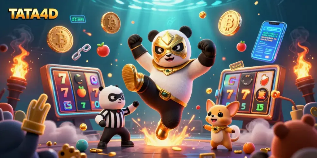 TATA4D showcases a thrilling slot scene with a panda wrestler mid-kick, emphasizing exciting gameplay.
