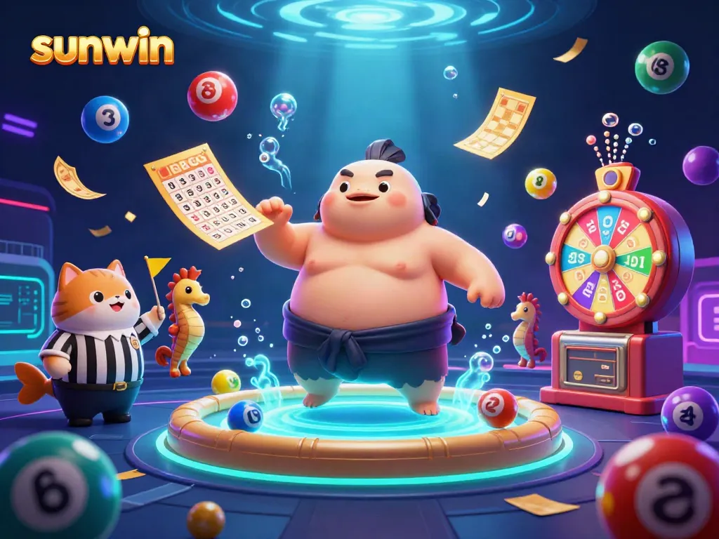 sunwin platform features fun games like a blowfish referee surrounded by lottery balls and exciting prizes
