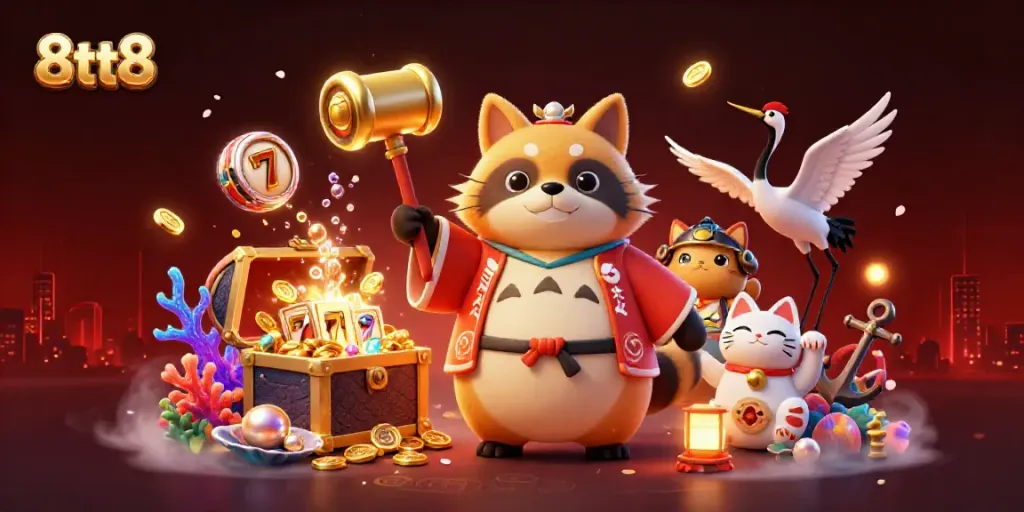 Engage with 8tt8's themed casino illustration featuring a cheerful tanuki, samurai crane, and lucky cats.