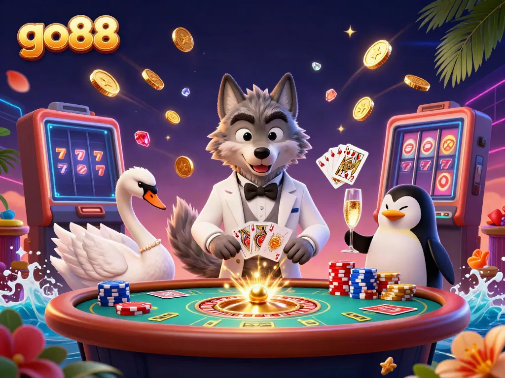 Engage with go88's lively gaming scene featuring a wolf, swan dealer, and champagne penguin.