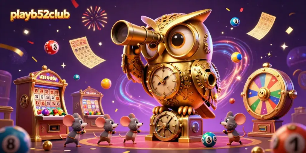 Engage with playb52club in a festive 3D casino scene featuring a golden owl, lively patrons, and vibrant games.