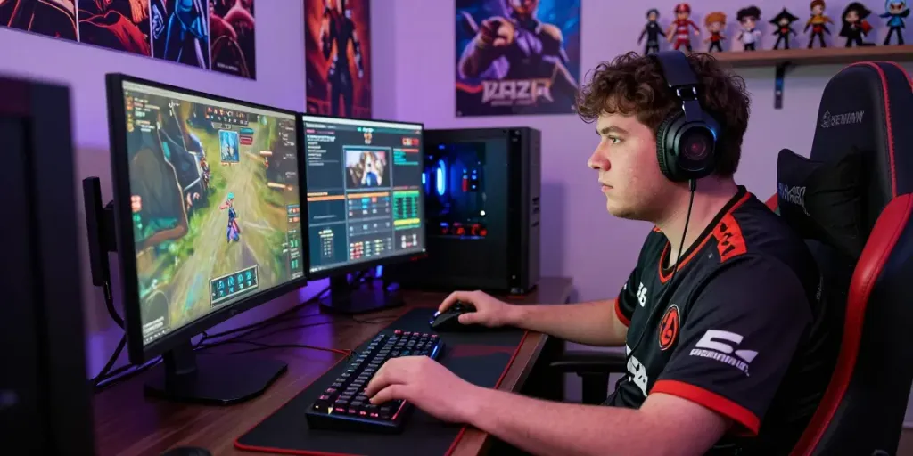 Professional gamer immersed in a warung168 esports match, surrounded by high-tech gaming gear and vibrant LED lights.