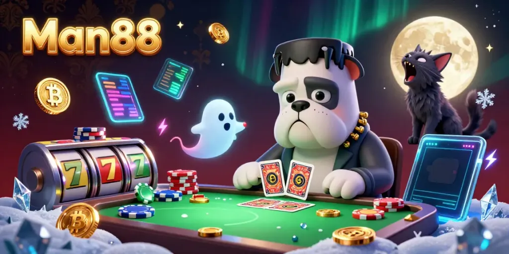 Experience the thrill of gambling with Man88's lively 3D casino scene featuring unique characters and slot elements.