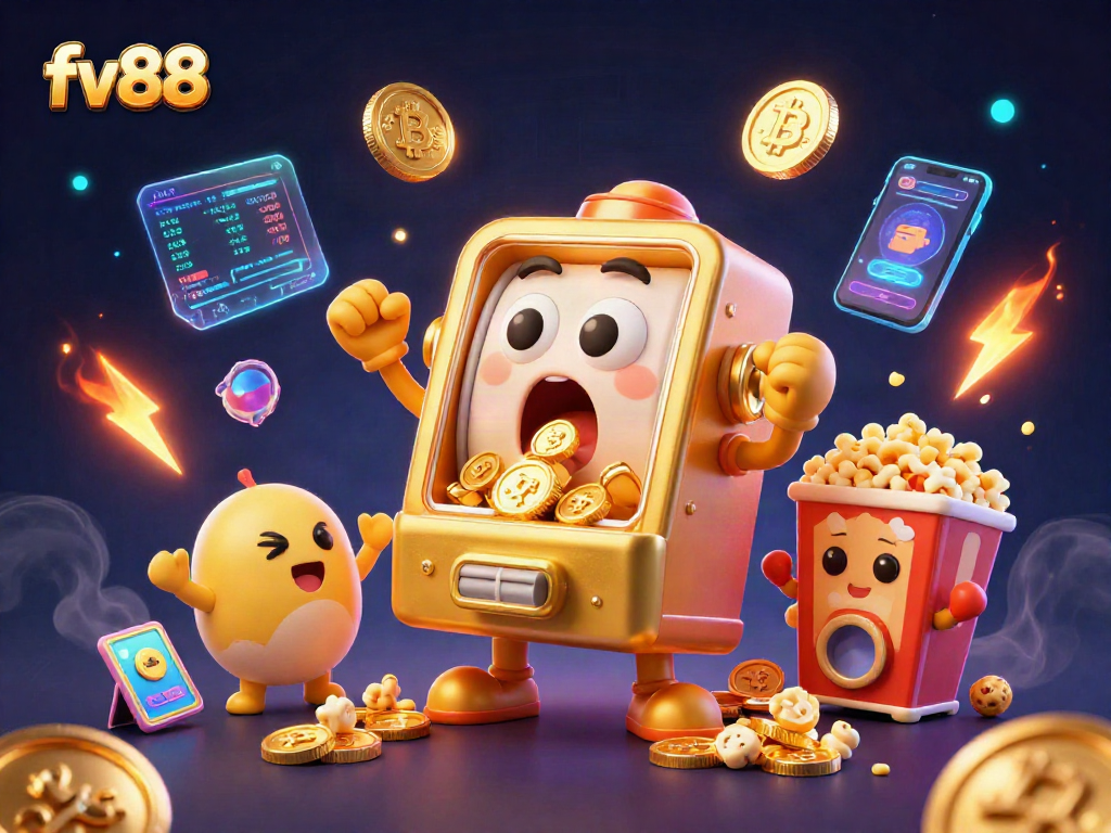 Watch the fv88 slot machine hit the jackpot with coins pouring out in a vibrant casino scene.