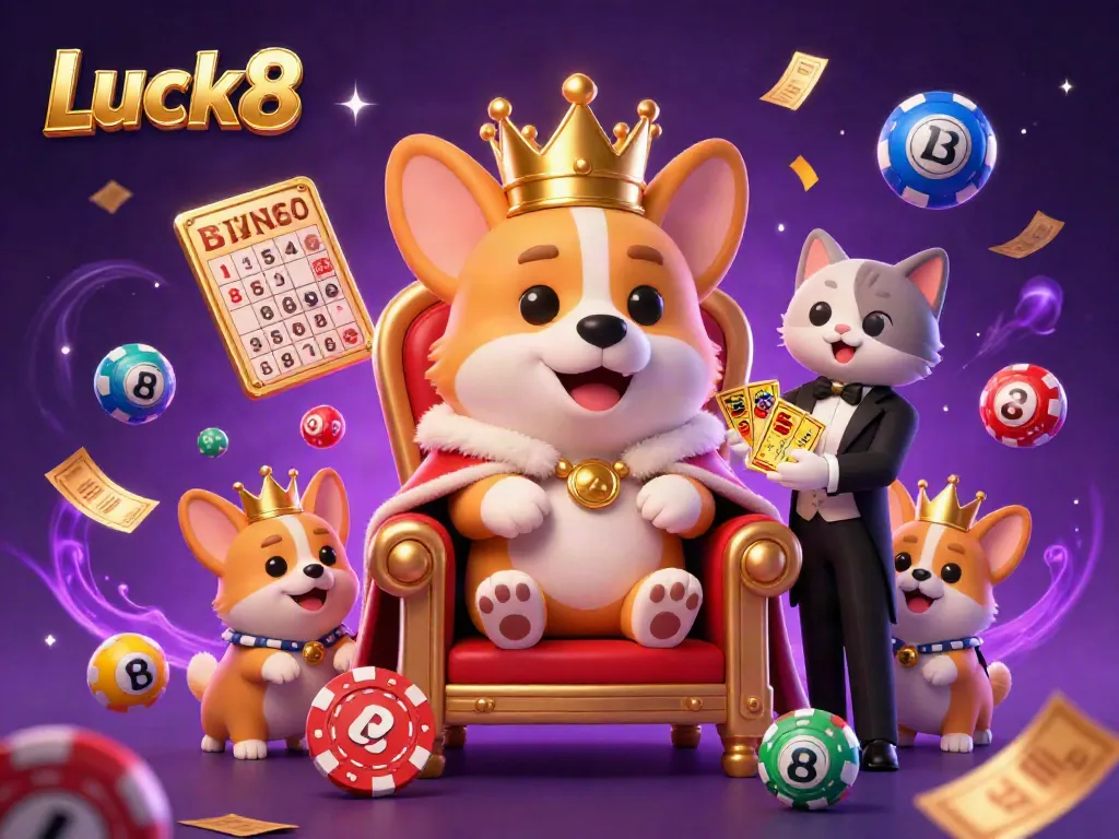 Luck8's whimsical royal corgi throne scene captures vibrant casino elements with lottery balls and confetti.