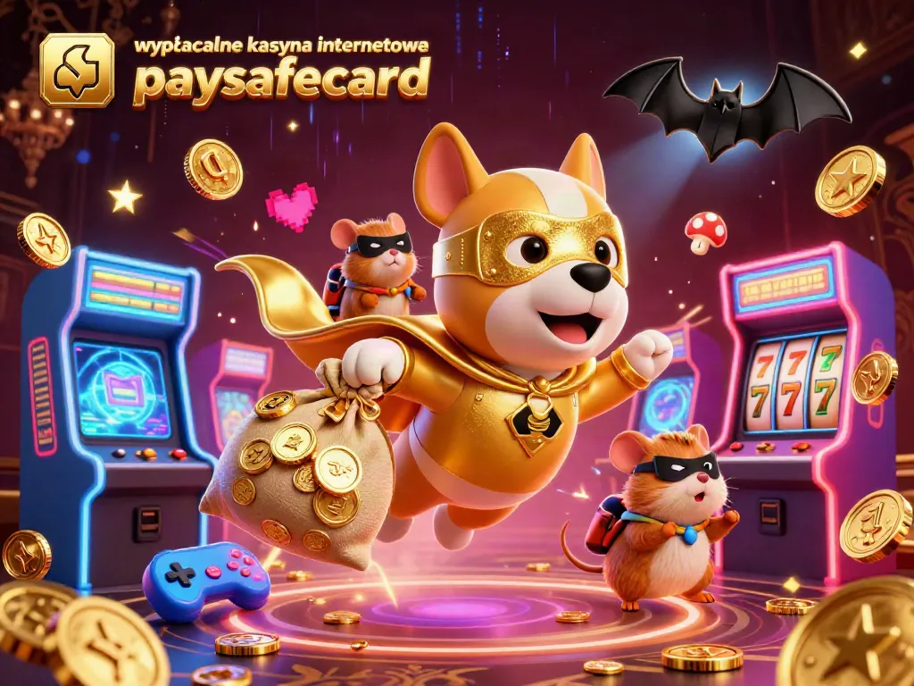 Engaging scene illustrating wypłacalne kasyna internetowe paysafecard with 3D superhero dog and hamster in a vibrant casino setting.