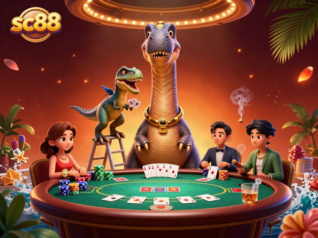 Join the exciting sc88 poker table under a colossal dinosaur in a vibrant casino scene.