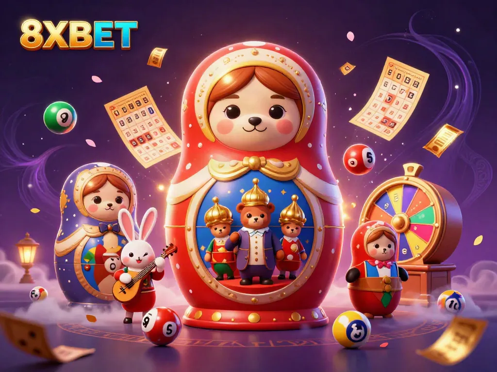 Spin and win with 8XBET's colorful, dynamic casino-themed illustration filled with vibrant game elements.