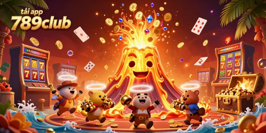 Experience the thrill of tải app 789club with a vibrant casino scene and treasure-filled volcano erupting coins.