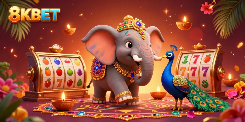 Engage with the vibrant world of 8KBET through dynamic casino-themed 3D art featuring festive motifs.