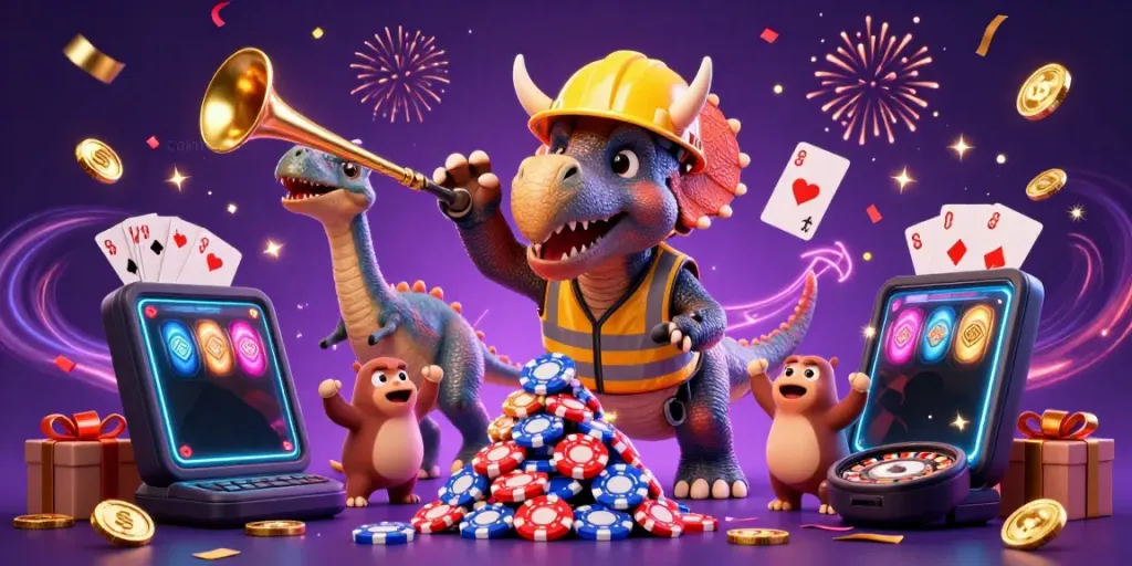 Cakhiatv scene showcasing a triceratops building poker chip pyramid while celebrating, highlighting the excitement of online gambling.