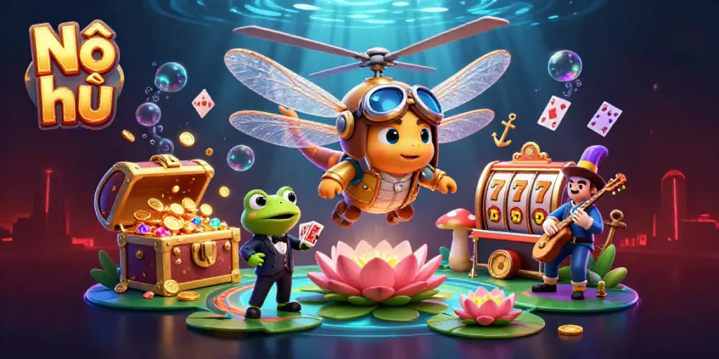 Experience dynamic Nổ hũ casino action with colorful characters and gaming elements in a vibrant 3D scene.