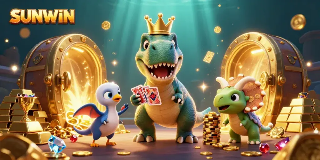 SUNWIN T-Rex shuffling cards with pterodactyl and triceratops amid gold and gems in lively casino scene.