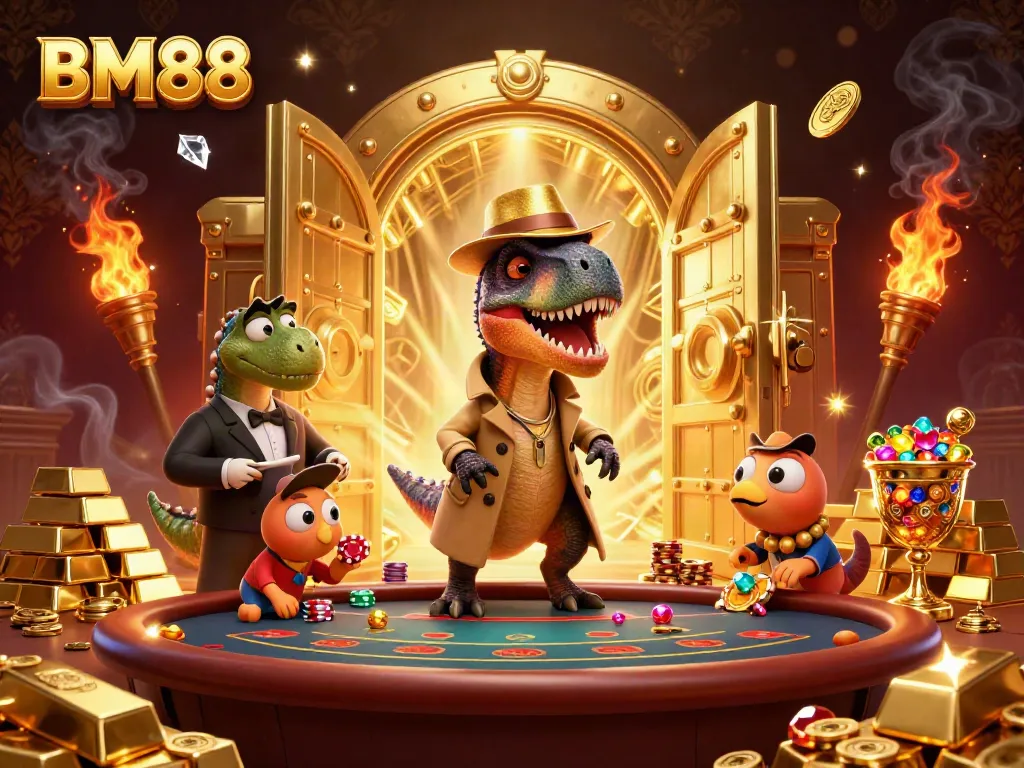 BM88 casino scene with velociraptor card counter, stegosaurus pit boss, and compy pickpocket amidst treasures.