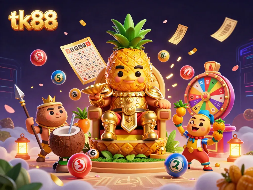 Engage with tk88's vibrant beach casino scene, featuring a golden pineapple king and lively game elements.