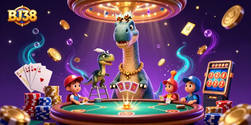 BJ38 casino scene with a towering brontosaurus and clever raptor dealing cards for an engaging gambling experience.