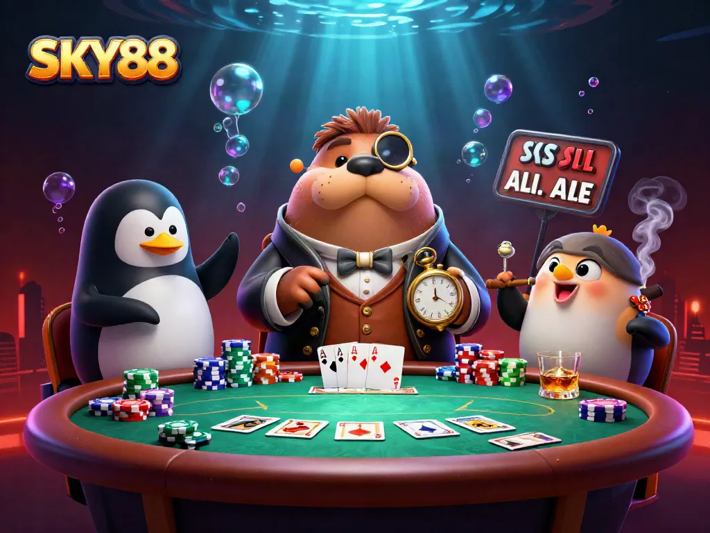 SKY88 portrays a charming underwater poker scene with a walrus, penguin dealer, and pufferfish engaged in a bluff.