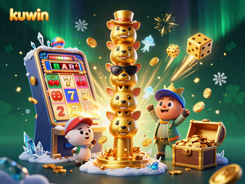 Kuwin's vibrant gaming scene with a golden totem pole, slot machine explosion, and dazzling decor.