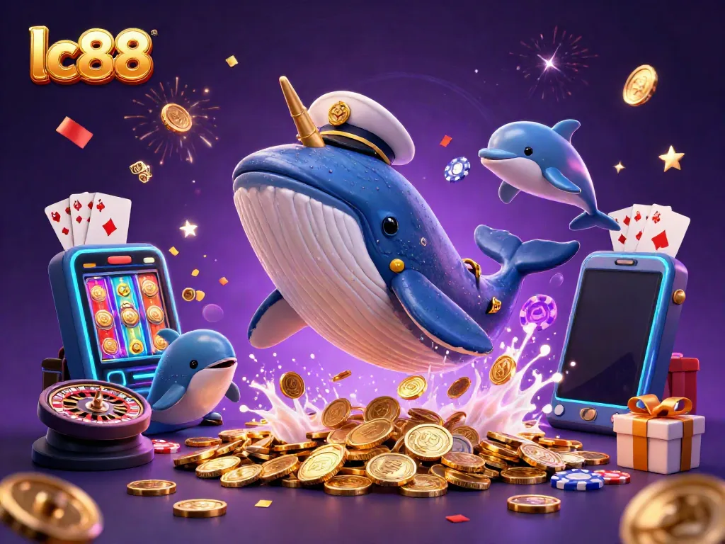 Engage with lc88's dynamic casino world featuring a cartoon whale amidst celebration and gaming elements.