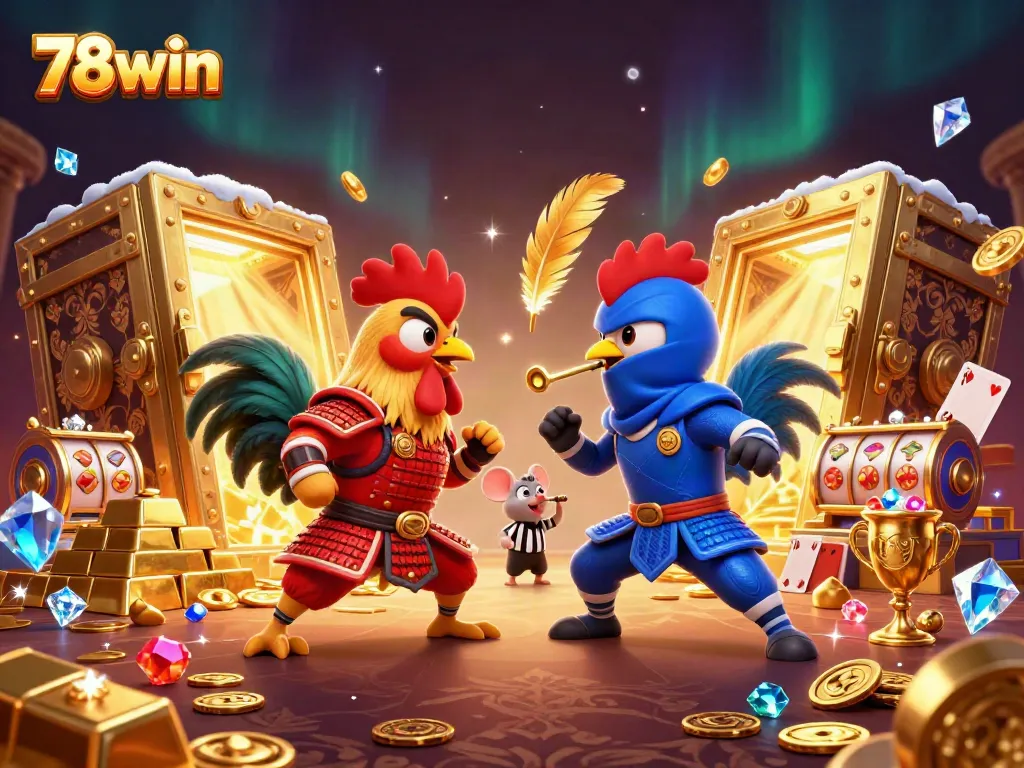 Engage in the thrilling showdown of roosters adorned with 78win branding amidst casino treasures.