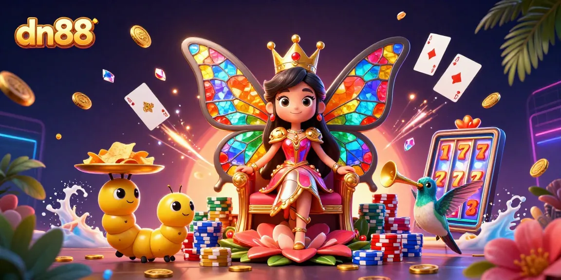 Spin and win big with dn88 in a vibrant 3D casino scene featuring a butterfly queen.