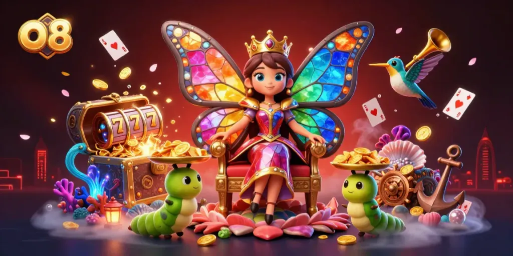 o8 showcases a vibrant digital casino scene with a butterfly queen and gambling elements, ideal for online gaming enthusiasts.