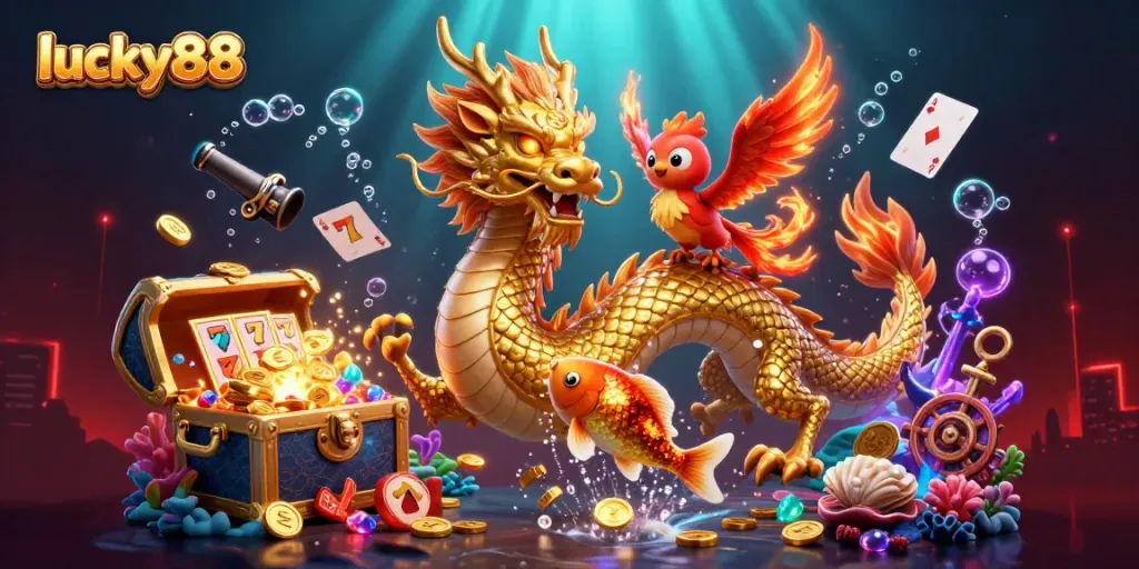 Experience the excitement of lucky88 with a golden dragon and phoenix amidst vibrant casino elements in a dazzling scene.