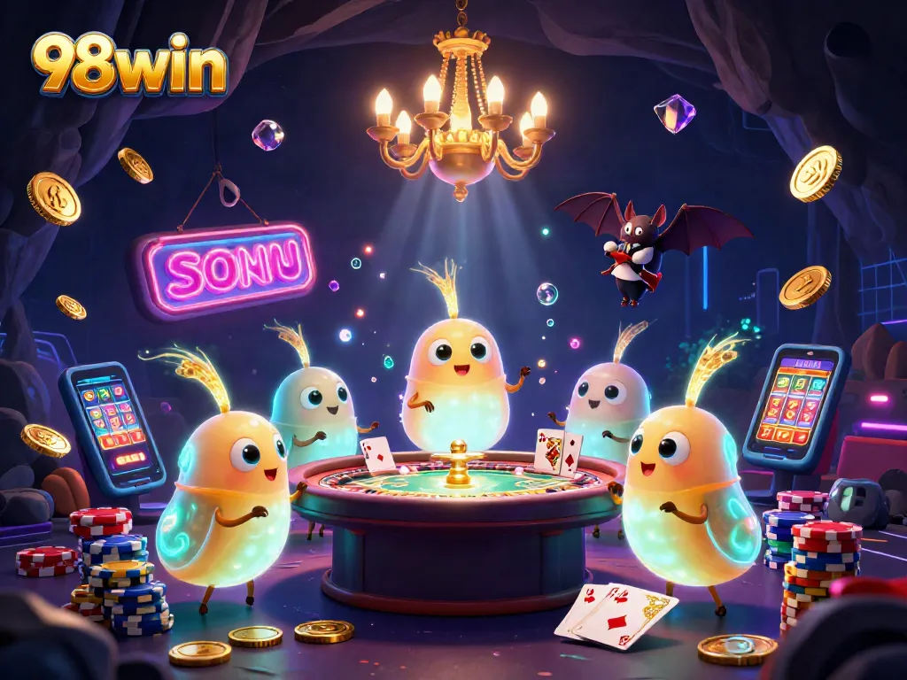 Win big at 98win with glowing casino elements and dynamic gameplay features in this 3D illustration.