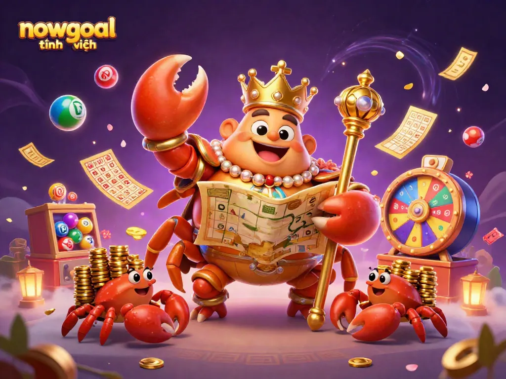 Experience excitement with nowgoal tiếng việt, illustrated as a golden crab emperor and lottery elements in a vibrant gambling scene.