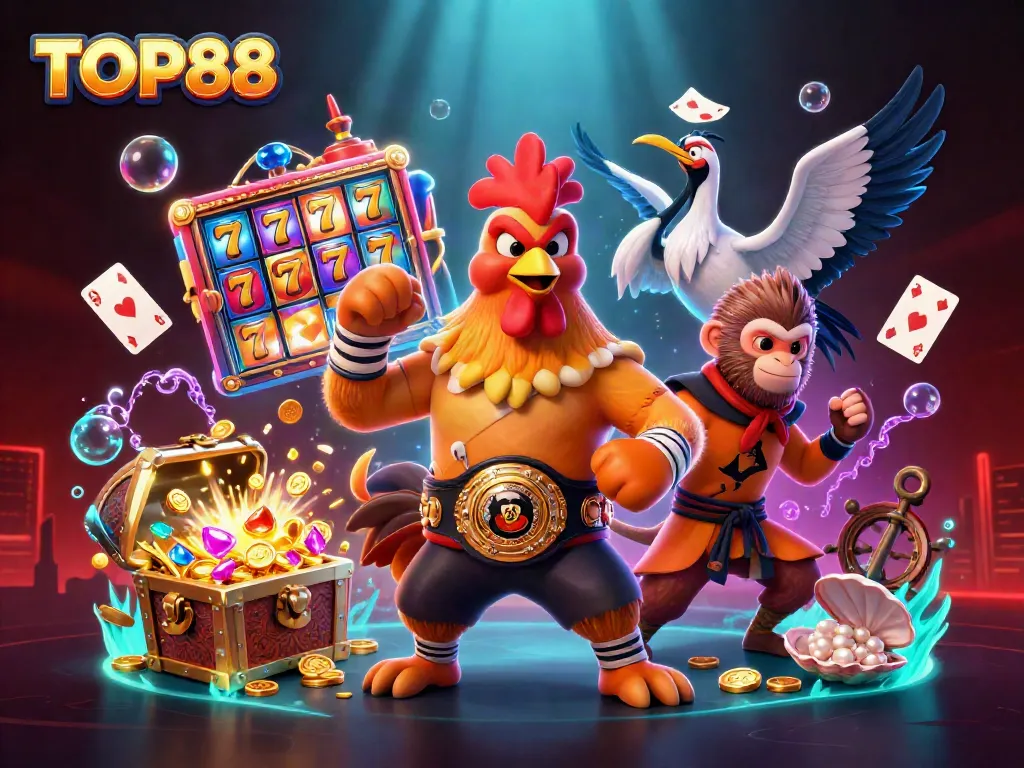 Engage in gaming excitement with TOP88 illustrated featuring slot reels and dynamic characters.