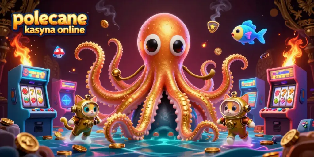 Experience the thrill of polecane kasyna online with a cartoon kraken and casino-themed elements in a vibrant scene.