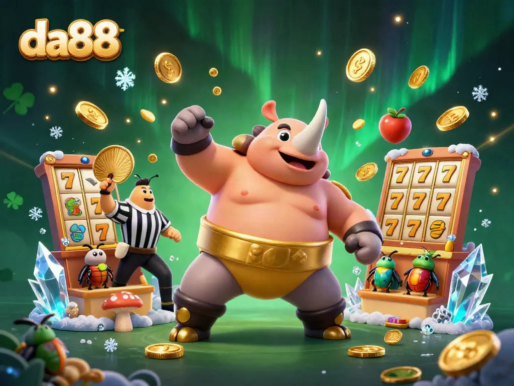 Engage in high-stakes action with the da88 sumo beetle champion sending coins flying in a vibrant casino setting.