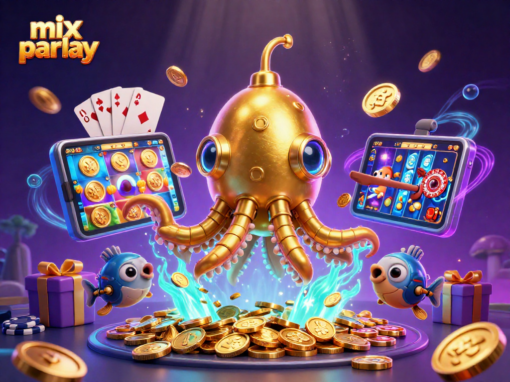 Engage in mix parlay betting with a golden kraken submarine and mechanical fish amidst a treasure of coins.