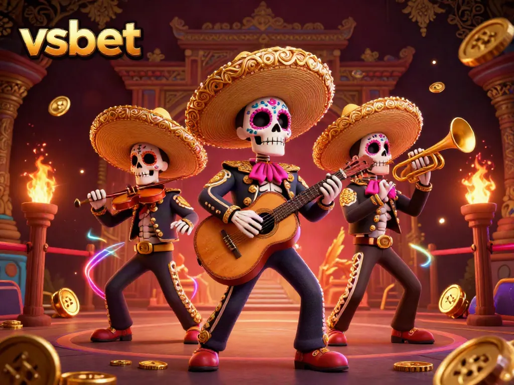 Engage with vibrant vsbet gaming action featuring a Day of the Dead mariachi band amidst swirling elements.