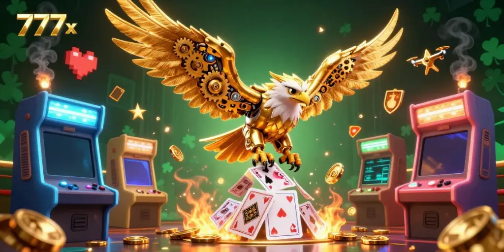 Experience the excitement of 777x with cybernetic eagles amidst vibrant casino elements.