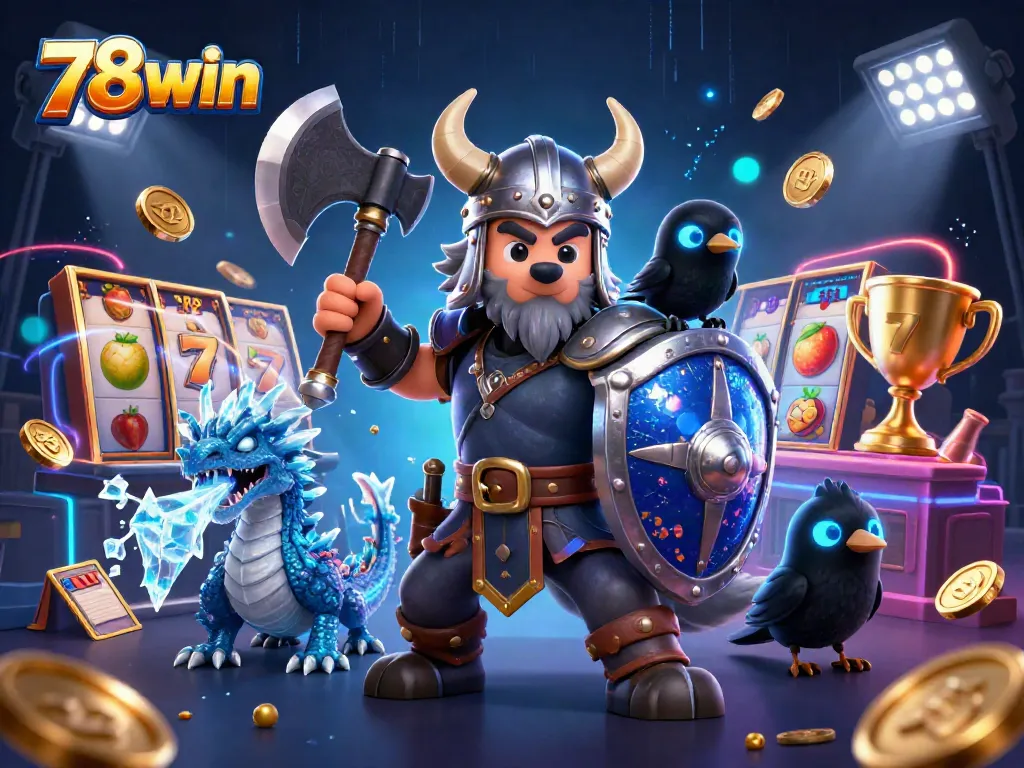 Experience thrilling gaming adventures with 78win, featuring a Viking warrior, dragon, and slot game elements.