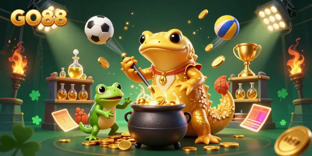 Experience the dynamic GO88 gaming world with a whimsical alchemist scene filled with dazzling sports elements.